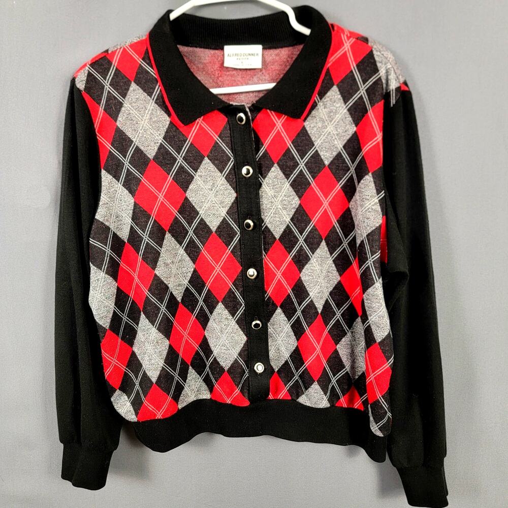 Alfred Dunner Women’s Petite L Argyle Button Cardigan Sweater Black Red Gray USA